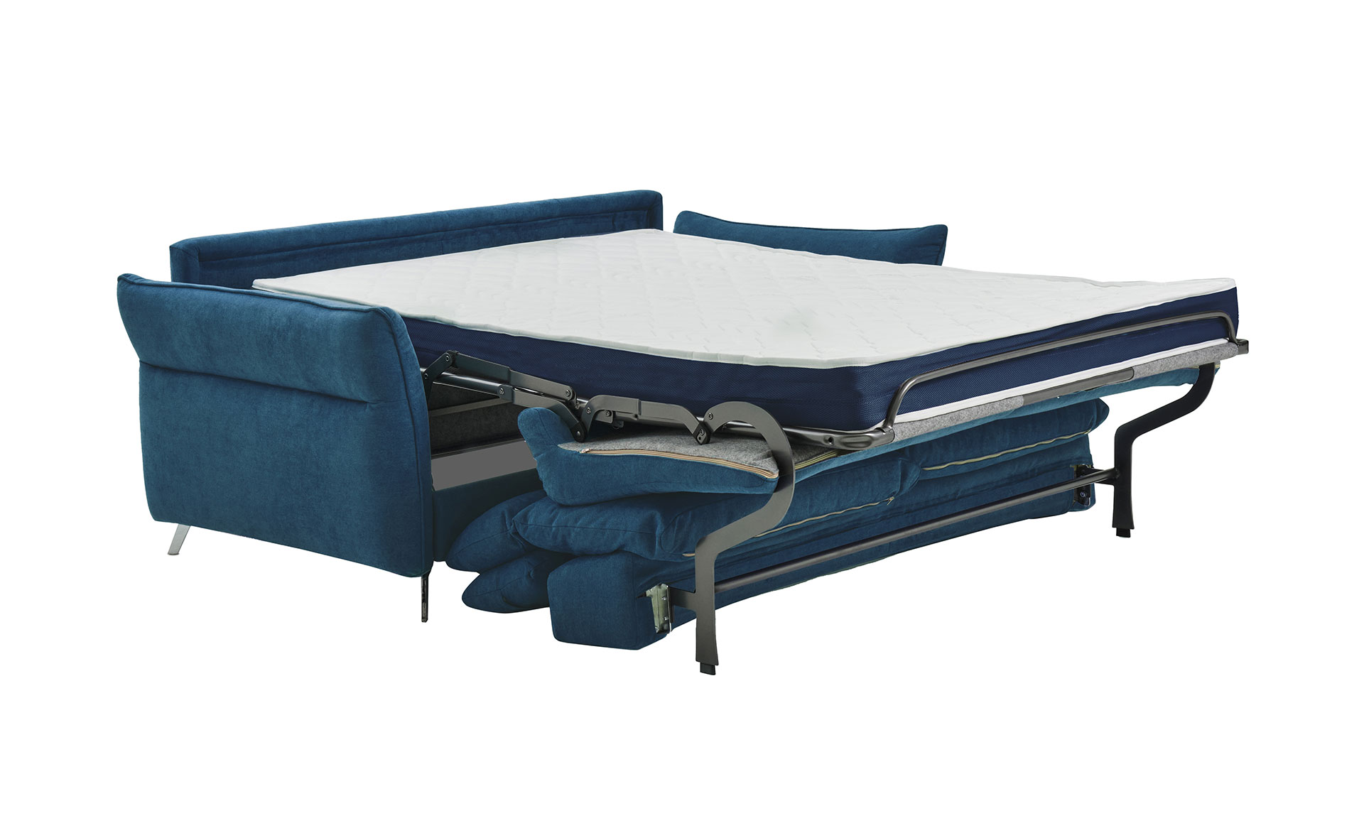 Convertible 3 places en tissu bleu/gris ouvert. Il est ouvert en lit double. Matelas H15 / Dossier moelleux