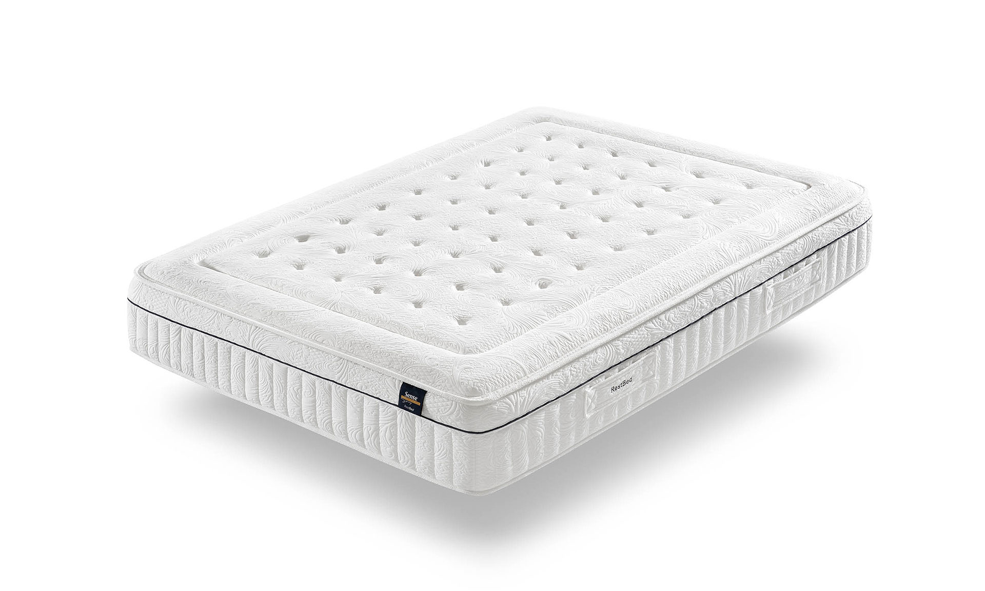 Photo présentant un matelas de haute qualité blanc, ainsi des motifs de fleur et de formes géométrique.