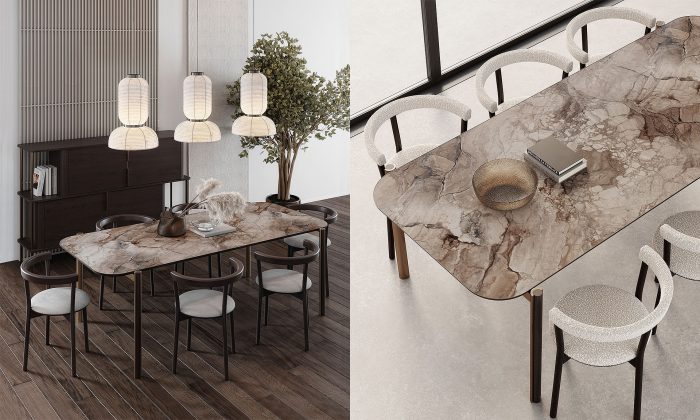 Table de repas pour 8 personnes. Plateau en céramique imitation marbre rose, beige et gris. Les pieds sont en métal et en chêne avec un cadre minimaliste en acier inoxydable bronze brossé.